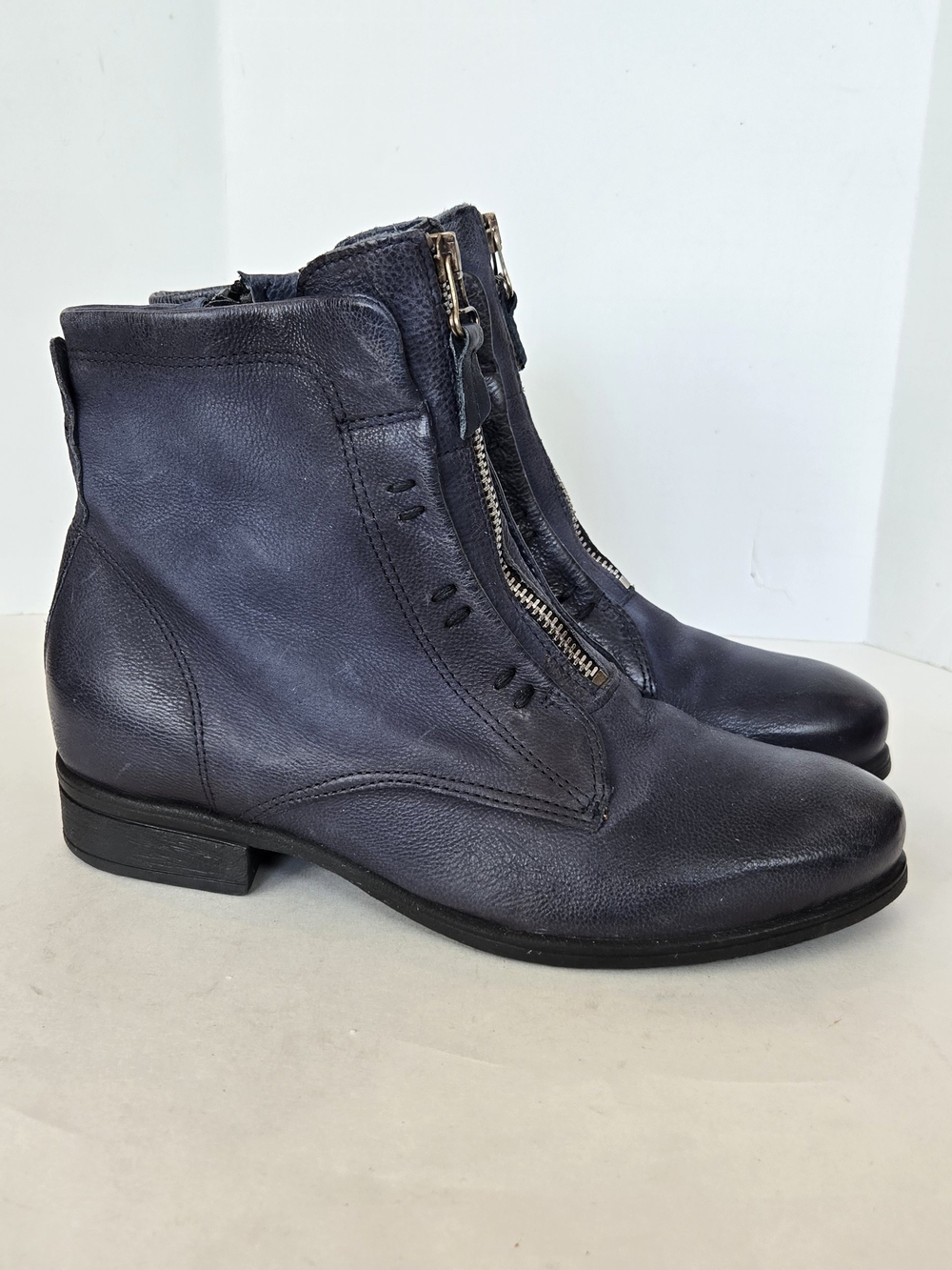 Miz Mooz Navy Leather Zip-Front Ankle Boots